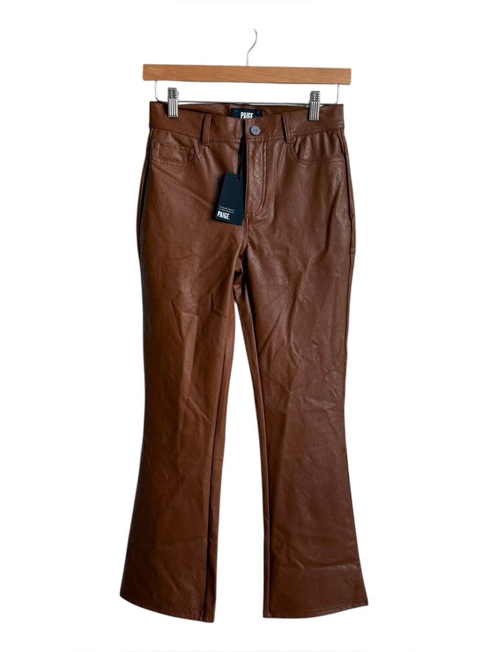 PAIGE Claudine Ankle Flare Faux Leather Pants Dark Argan Brown Size 25 NWT
